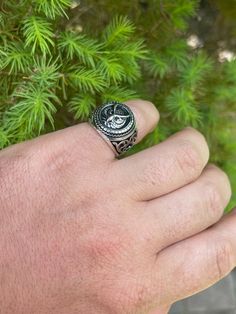 "Amazing unique handmade men's Wise Old Owl ring Symbol of WISDOM Solid 925 sterling silver. SOLID 925 sterling silver finished with black oxidized rhodium. Stunning two tone look mixed of black & silver brings the details to life and gives a vintage look Stamped 925 Will never tarnish or turn your hand green! Ring is 12-13 grams depending on size! nice large ring About 0.75\" wide (18mm) ... very nice weight to it Great as a pinky ring or on any finger Ships fast" Silver Stainless Steel Skull Ring, Nickel-free Stainless Steel Round Rings, Oxidized Sterling Silver Signet Ring, Sterling Silver Signet Ring With Oxidized Finish, Silver Stainless Steel Signet Ring For Promise, Silver Stainless Steel Signet Promise Ring, Gift Skull Ring In Stainless Steel, Gift Stainless Steel Skull Ring, Silver Symbolic Signet Ring