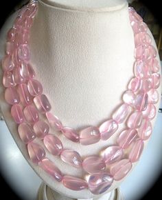 Superfine 1415 Carats Natural ROSE QUARTZ Tumble Beads NECKLACE With Silk Cord Elegant Rose Quartz Round Beads Crystal Necklace, Elegant Rose Quartz Crystal Necklace With Round Beads, Elegant Faceted Rose Quartz Necklace, Elegant Rose Quartz Faceted Necklace, Elegant Oval Beaded Crystal Necklaces, Luxury Pink Briolette Necklace, Elegant Pink Beaded Necklaces With Oval Beads, Elegant Pink Oval Beaded Necklaces, Elegant Rose Quartz Round Bead Necklace