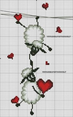 a cross stitch pattern with sheep and hearts hanging from a line on a white background