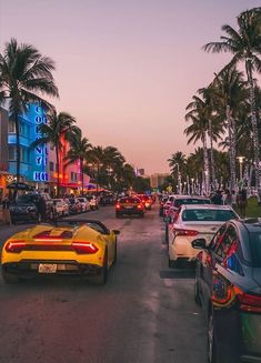 cars are parked on the street in front of buildings and palm trees at night time