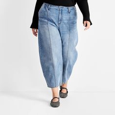 These Mid-Rise Barrel Leg Jeans from Future Collective™ bring on-trend style to your casual wardrobe. Made from cotton-recycled cotton fabric, these relaxed-leg, ankle-length jeans have a mid-rise waist and a fly hook and zipper closure. Designed in a medium wash that makes them great for mixing and matching with different tops, these jeans also have front and back pockets for carrying on-the-go essentials. Future Collective™: Inspired by what’s now to inform what’s next. Trendy Mid-rise Medium Wash Wide Leg Pants, Plus Size Barrel Jeans Outfit, Barrel Leg Jeans, Trendy Mid-rise Wide Leg Denim Pants, Barrel Jeans Plus Size, Casual Medium Wash Wide-leg Cropped Jeans, 90s Baggy, Ankle Length Jeans, Womens Fleece