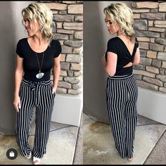 Very Comfy Dressy Or Casual Black And White Strip Pants. Brand New Never Worn. They Have Been Hemmed To My Height (5’6”). Size Is Large But Fit More Like A Medium Will Bundle The Shirt With The Pants For A Deal. Cheap Black Pants With Side Stripes, Black Workout Pants With Three Stripes, Fitted Black Pants With Vertical Stripes, Bw Striped Pants, Red Wide Leg Trousers, Black Wide-leg Pants With Vertical Stripes, Paperbag Pants, Wide Leg Crop Pants, Relax Pants