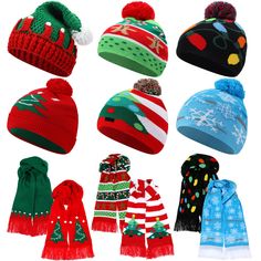 many hats and scarves are shown in different colors, patterns and designs on white background