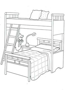 a black and white line drawing of a bunk bed with a teddy bear on it