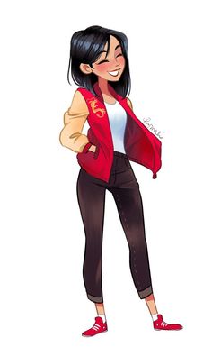 a drawing of a woman in red jacket and black pants with her hands on her hips