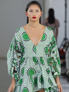 Nia II Dress – Industrie Africa Designer V-neck Blouse For Summer, Designer Green Spring Dress, Elegant Summer Dresses For Fashion Show, Designer V-neck Summer Blouse, Designer Summer Blouse V-neck, Designer Green Long Sleeve Dress, African Luxury, Minimal Accessories, Cotton Textile