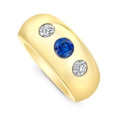 Alexandra Jules Traveller Ring is a tailored, his or her ring that is easy to wear and fits well into our active lifestyle. A .64 carat rich, velvety blue round sapphire is flush set in a modern, smooth 18 karat gold ring. This beautiful gemstone is flanked by two flush-set, round, brilliant-cut collection diamonds, together weighing .46 carat. Modern and elegant, The Traveller is perfect for everyday. Available in 18kt yellow, white and pink gold. Formal Yellow Gold Domed Sapphire Ring, Modern Sapphire Ring With Diamond In Yellow Gold, Modern Yellow Gold Sapphire Ring With Diamond, Modern Yellow Gold Sapphire Ring With Center Stone, Classic Domed Yellow Gold Sapphire Ring, Classic Yellow Gold Domed Sapphire Ring, Luxury Yellow Gold Sapphire Ring With Tension Setting, Formal Yellow Gold Sapphire Ring With Tension Setting, Modern Yellow Gold Sapphire Ring With Vvs Clarity