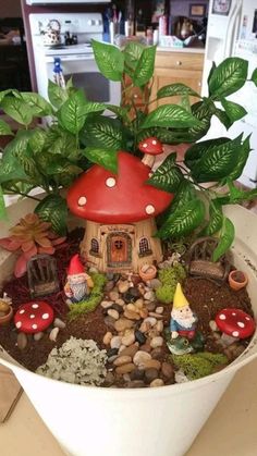 there is a potted plant with small gnomes in it