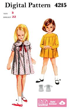 "Vintage sewing pattern from 1966 Dress with inverted pleats in front and back is caught onto high yoke with high scoop neckline or large Peter Pan collar and ribbon bow Short or full length sleeves. Size: All Sizes (2, 3, 4, 5, & 6) E-PATTERN :: download and print at home on US Letter or A4 size paper (20 tile pages + instructions). Also includes A0 paper size for copy shop printer/plotter.  All pattern pieces are at full scale. INSTANT DIGITAL DOWNLOAD- ZIP & PDF FILE FORMAT When you purchase Children's Dresses, Sewing Patterns Girls, Trendy Sewing, Vintage Dress Patterns, Butterick Sewing Pattern, Sewing Patterns For Kids, Motif Vintage, Retro Mode, Couture Vintage