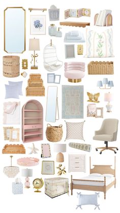 a collage of baby furniture and accessories in pastel colors, including cribs, dressers, bedding, pillows, lamps, blankets