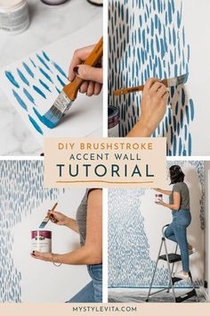 the process of painting an accent wall using blue paint and brush strokes on white paper