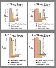 four different sizes of flooring frames with measurements for each frame and the widths