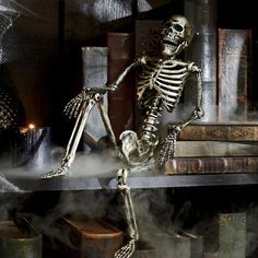 a skeleton sitting on top of a table next to books