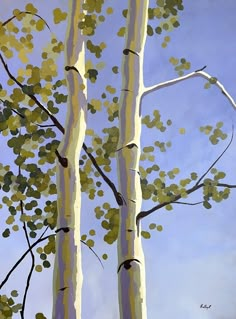 painting of three white birch trees against a blue sky with green leaves on the branches