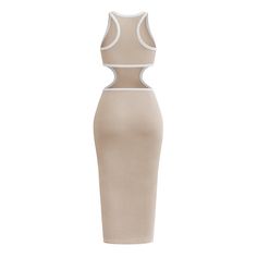 Apricot Rib Hollow Out Sleeveless Bodycon Dress White Sleeveless Bodycon Dress With Cutout, Sleeveless Beige Bodycon Summer Dress, Sleeveless Bodycon Midi Dress With Cutout, Summer Bodycon Sleeveless Dress In Beige, Beige Bodycon Sleeveless Dress For Summer, Beige Stretch Sleeveless Midi Dress, Chic Sleeveless Beige Bodycon Dress, Fitted Sleeveless Neutral Tank Top, Chic Sleeveless Bodycon Dress With Cutout