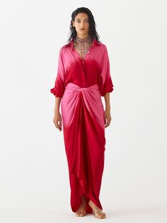 Ruby Shirt Draped Dress DRESSES IKKIVI Pink And Red Outfit, Ombre Clothes, Draped Shirt, Dinner Party Dress, Single Dress, Draped Skirt, Summer Wedding Dress, Wedding Dress Trends, Indian Fashion Designers