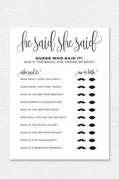 a printable wedding game with the words he said she said, guess who said it