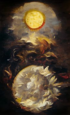 an abstract painting with sun and moon in the sky