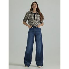 This denim makeover adds a modern twist to the trouser, complete with a high-rise fit, a billowy denim, and extra material below the hem that's the perfect length for your favorite high-heeled boots. Made from a soft cotton blend with just a hint of stretch, they're made to fit your body perfectly from the very first wear. 99% Cotton, 1% Spandex. Inner Strength Blue. 14 W / 30 Inches (S). Denim Blue Wide-leg Jeans For Fall, Chic Relaxed Fit Dark Wash Flare Jeans, Chic Dark Wash Relaxed Fit Flare Jeans, Trendy Medium Wash Wide Leg Pants For Work, Fall Denim Wide Leg Pants With Five Pockets, Medium Wash Wide-leg Flare Jeans For Work, Fall Medium Wash High Rise Wide Leg Pants, Fall High Rise Medium Wash Wide Leg Pants, Modern Denim Wide Leg Pants For Fall