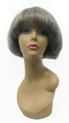 "Voluminous bob wig with bangs and straight texturized fibers. Inside cap has adjustable straps for a secure fit. Made with synthetic fibers. Color: Gray Brown Mix (44) Style: 10 inches, Straight Mushroom Bob Circumference: Default at 21\" with adjustable cap (max 22\"). Materials: Synthetic Wig Fiber All sales are final. Please read all store policies before purchasing" Mushroom Bob, Voluminous Bob, Bob Wig With Bangs, Back Combing, Wig With Bangs, Bob Wig, Synthetic Wig, Wigs With Bangs, Bob Wigs