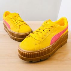 New In Box! Sold Out Size! Hard To Find! Puma X Fenty Yellow & Pink Suede Cleated Creeper Sneakers Serving As The Creative Director For Fenty Puma, Rihanna Has Reimagined Several Brand Originals. Here, Puma’s Suede Classic Is Given A Lift, With A Ribbed Gum Midsole & Ridged, Cleated Outsole. The Lemon Yellow Upper Bears Matching Laces & A Carmine Rose Formstrip. Ready To Be Schooled? Elevate Your Style W/ The Preppy Suede Platform Creeper. Part Of Rihanna’s Third Season As Creative Director For Yellow Lace-up Platform Sneakers For Streetwear, Yellow Platform Sneakers For Streetwear With Rubber Sole, Yellow Platform Sneakers For Streetwear With Round Toe, Yellow Sporty Lace-up Platform Sneakers, Yellow Casual Platform Sneakers With Rubber Sole, Yellow Platform Sneakers For Streetwear, Casual Yellow Platform Sneakers With Rubber Sole, Sporty Yellow Lace-up Platform Sneakers, Casual Yellow Platform Sneakers With Round Toe