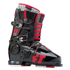 a pair of black and red ski boots