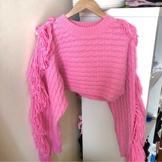 Statement Making Fringe, Hot Pink Sweater By Hot N Delicious. Soft Fabric, Cable Knit Detail, And Crop Style., Such A Unique Piece. Barbie Color Pink. New With Tags! Size S. Fitted Tassel Tops For Fall, Winter Long Sleeve Tops With Tassels, Trendy Fringe Tops For Winter, Open Front Poncho, Ripped Sweater, Black Duster, Blanket Cardigan, Hot Pink Sweater, Aztec Sweater