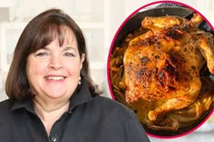 a woman standing in front of a roasting pan with chicken on it and an image of