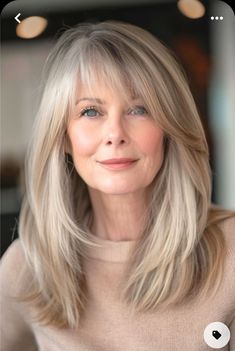 Hairstyles For Woman In There 50s, Long Layers With Side Swept Fringe, Long Hair With Side Swept Bangs, Wispy Bangs Square Face, Long Bangs Sideswept, Side Part Bangs Long Hair, Side Sweep Bangs, Waterfall Bangs, Bangs With Side Part