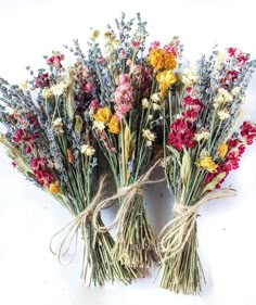 three bundles of dried flowers tied together