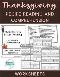 thanksgiving recipe reading and comprehension worksheet with the words thanksgiving on it