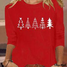 Olivia Mark - Christmas Tree Print Plus Size Womens Long Sleeve Round Neck Slim Fit T-shirt with Slight Stretch Plus Size Christmas, Christmas Tree Print, Plus Size Womens, Christmas T Shirt, Tree Print, Christmas Tshirts, Olivia Mark, Autumn Summer, Summer Fall