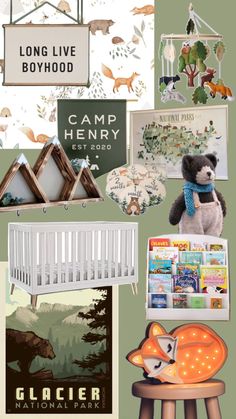 a collage of baby's nursery items including a crib, bear and deer