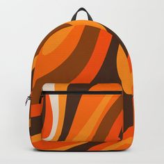 Designing our premium Backpacks is a meticulous process, as Artists have to lay out their artwork on each component. One size fits all men and women, with heavy-duty construction that's able to handle the heavy lifting for all your school and travel needs.       - Standard unisex size: 17.75" (H) x 12.25" (W) x 5.75" (D)    - Crafted with durable spun poly fabric for high print quality    - Interior pocket fits up to 15" laptop    - Padded nylon back and bottom    - Adjustable shoulder straps Orange Backpack, Orange Backpacks, Brown And Orange, Retro Abstract, D Craft, Heavy Lifting, Designer Backpacks, Kids Backpacks, Abstract Pattern