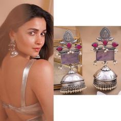 These beautiful and high quality jhumkas as styled by Bollywood star Alia Bhatt will add the perfect amount of grace and charm to any outfit. These are classy, light weight and made to last! They will for sure become a staple in your jewellery collection. This feature a natural stone in the centre, making it unique with each pair. In case of any queries, please feel free to contact us, happy shopping! Wedding Chandbalis With Tilla, Temple Jewelry Style Jhumkas With Cutdana, Cutdana Earrings For Navratri, Navratri Cutdana Earrings, Pink Jhumkas For Wedding, Temple Jewelry Style Jhumkas For Celebration, Fusion Style Bridal Earrings With Meenakari, Fusion Style Jhumkas For Wedding And Navratri, Dual-tone Earrings For Diwali