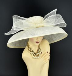 ✿*.Key Features.*✿ This is a Audrey Hepburn Style Hat. 19.75"(50cm) extra wide brim, the widest stiff brim hat in my store! I have same style, very beautiful!  Great for Kentucky derby, weddings, church, Easter, Royal Ascot, horse races, cocktails, tea party, or any hat wearing occasion. Hat base size: From front to back: 19.75" (50cm) From left to right: 19.75" (50cm) Wide brim Appr: 7~7.5"" Head girth: 22.5"(57cm), adjustable string inside to make smaller to fit your head.   If you want other colors in this style, just search the same item code in my store, you will find them. ✿*.Tip.*✿ ❣️If you want a customized piece, please follow the instructions below: 🔹Present style of hat or fascinator you would like from the store, with additional photos of your outfit and any other details you' Luxury Beige Straw Hat With Wide Brim, Luxury Beige Wide Brim Straw Hat, Fitted Brimmed Cream Hat, Fitted Cream Brimmed Hat, Luxury White Beach Hat, Luxury Curved Brim Straw Hat For Kentucky Derby, Fitted Cream Hat With Curved Brim, Curved Brim Panama Hat For Kentucky Derby, Cream Fedora Panama Hat For Kentucky Derby