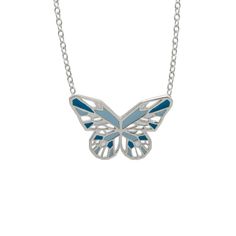 A blue butterfly is perceived as a wish-granter, if you spot one consider yourself very lucky! The Blue Morpho is the most well-known blue specimen. It has iridescent vivid blue wings with black edges and they can be as wide as 8 inches, placing the Blue Morpho among the largest butterfly in the world. This blue butterfly necklace is more on the dainty side though: it is a bit under 1 inch wide and half an inch high. It makes for a perfect everyday necklace that can be layered with other longer chains or a choker. I hand enamel it with in different shades of blue: pastel blue, cobalt and and turquoise/teal. I designed the wings in a geometric way and you would be surprised to know that geometry is omnipresent in the real lepidopter too. Indeed, pigmentation is not the cause of the shiny ir Monarch Butterfly Necklace, Butterfly Symbolism, Butterfly Necklace Silver, Messages Of Hope, Green Butterflies, Blue Morpho Butterfly, Mint Coral, Blue Morpho, Blue Wings