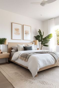 a bedroom with a large bed and two plants