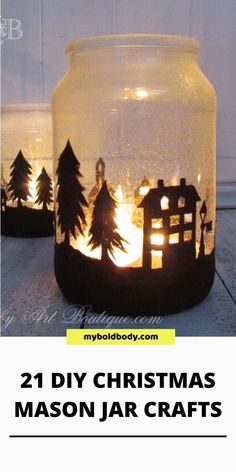 mason jar with christmas decorations in it and the words, diy christmas mason jar crafts