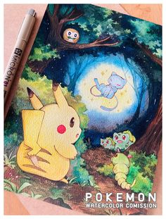 the pokemon watercolor commission is being used to create an art project for children's artwork