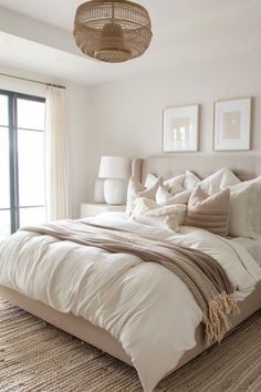 Cozy bedroom with beige tones, a cushioned headboard, multiple pillows, a knitted throw blanket, and framed pictures above the bed. Neutral Bedroom Aesthetic, Nuetral Bedroom, Neutral Bedroom Decor Ideas, Bedroom Aesthetic Ideas, Cozy Neutral Bedroom