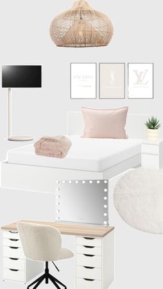 a bedroom with white furniture and pink accents on the walls, including a bed, desk,