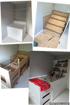 there are four pictures of the same room with stairs and storage boxes in each one