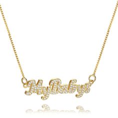 Every stylish woman should have a Custom Nameplate Necklace in their jewelry box. Not only do they look fashionable, but they look gorgeous on their own or layered up. This particular style features a font that is easy to read and that has a beautiful flow to it. The colors are all neutral metallics, which makes them very versatile. All of our name necklaces have a polished surface so that they gleam beautifully in the light. If you are on the hunt for a thoughtful gift for a loved one, this wou Trendy Name Necklace For Mother's Day, Trendy Rose Gold Necklace For Mother's Day, Elegant Gold Necklaces With Letter Print, Elegant Gold Necklace With Letter Print, Elegant Jewelry With Letter Print For Gift, Elegant Party Name Necklace With Clavicle Chain, Rose Gold Name Necklace For Party, Elegant Name Necklace For Party, Custom Name Rose Gold Necklace For Party