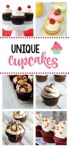 various cupcakes are shown with the words unique cupcakes above them and below it