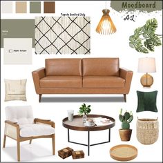 a living room filled with lots of furniture and decorating items in shades of brown, green