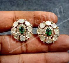 Item- Polki Pave Diamond Emerald Gemstone 925 Sterling Silver Earring Diamond- Pave and Polki Diamond Gross Weight- 10.50gm Earring color- Golden and Black Type- Earring Manufacturing- India Information We are manufacturing all kinds of jewelry. If you have any queries please contact us. We are Happy To Help You. White Diamond Multi-stone Earrings, Traditional White Gemstone Earrings, White Gemstone Earrings For Celebration, Sterling Silver Anniversary Earrings, Festive Sterling Silver Anniversary Earrings, Festive Sterling Silver Earrings For Anniversary, Bridal Earrings With Stone Setting As Gift, Round Bridal Earrings With Stone Setting As Gift, Gift Bridal Earrings With Stone Setting