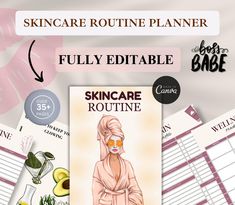 the skin care routine planner is shown with an illustration of a woman's face