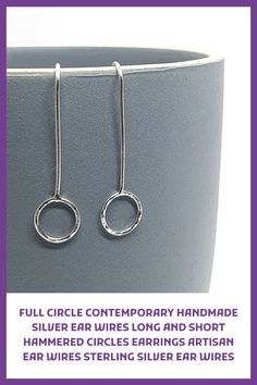 Beautifully simple contemporary sterling silver handmade ear wires hooks. Long straight ear wires soldered to closed, hammered or plain silver rings with long straight backs. Add dangles and beads or wear them just as they are (the circles are soldered closed) FEATURES * Clean Modern Design * Choice of Hammered or Plain Rings * Add a contemporary look to your earring designs * Handmade from beginning to end by me * Solid Sterling Silver MEASUREMENTS * 2 Lengths Available - 3.5cm (1 3/8 inch) & 4 Long Straight Backs, Straight Backs, Plain Silver Rings, Plain Rings, Full Circle, Clean Modern, Circle Earrings