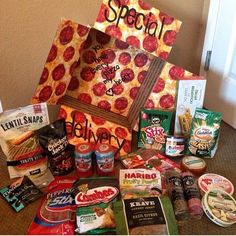 an assortment of food items are displayed on the floor